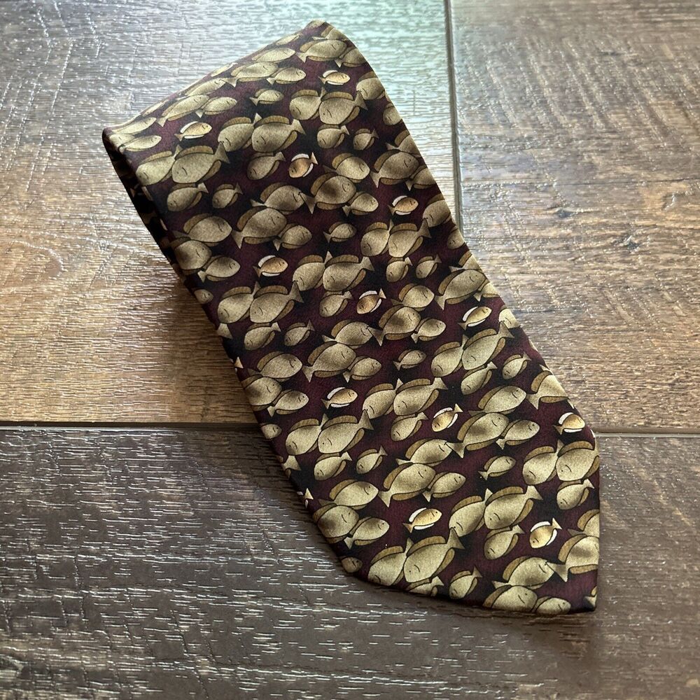 Ties To Nature Fish Necktie Tie Silk Hand Sewn Maroon and‎ Green